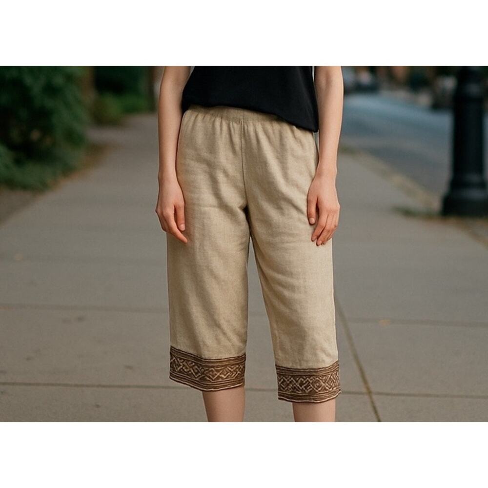 J. Jill Tan Linen Blend Cropped Embroidered Wide Leg Pants Size SM Petite Casual